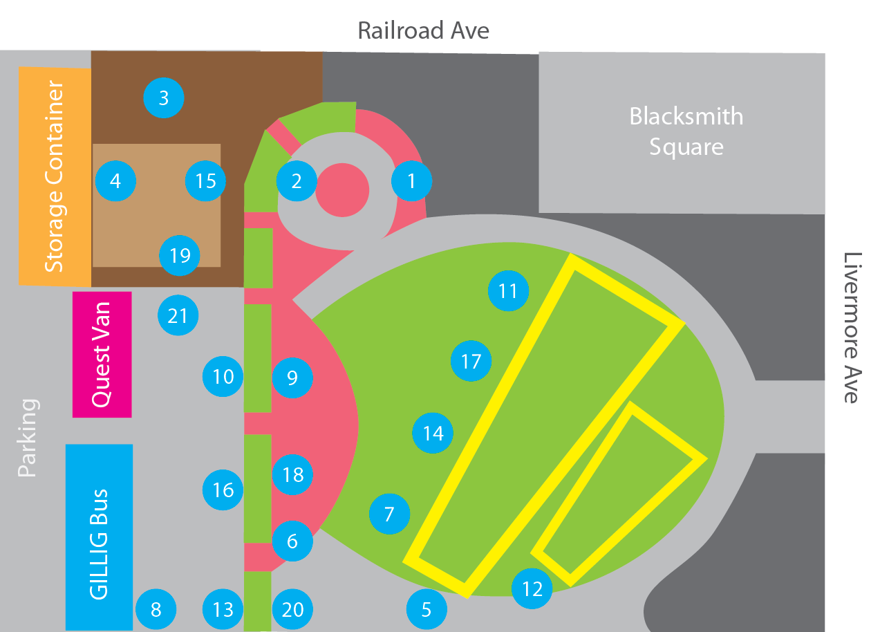 Event site map showing numbered activity locations 1 through 22, Railroad Avenue, Livermore Avenue, and nearby parking